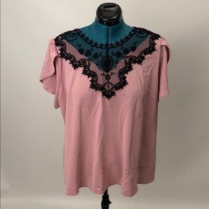SHEIN Pink Blouse with Black Lace Detail